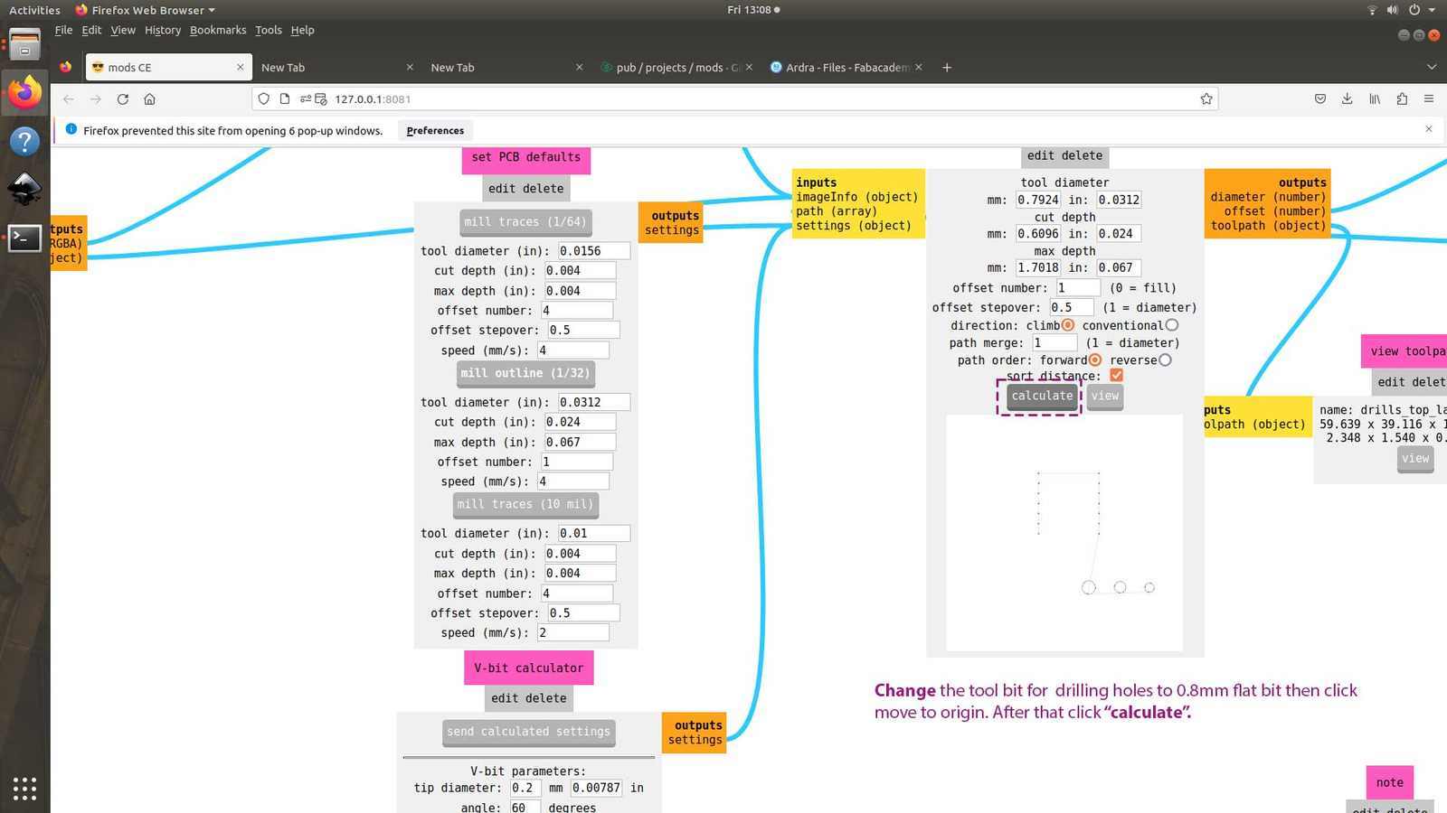 Choose mill outline 1/32 and set tool diameter and offset number to 1